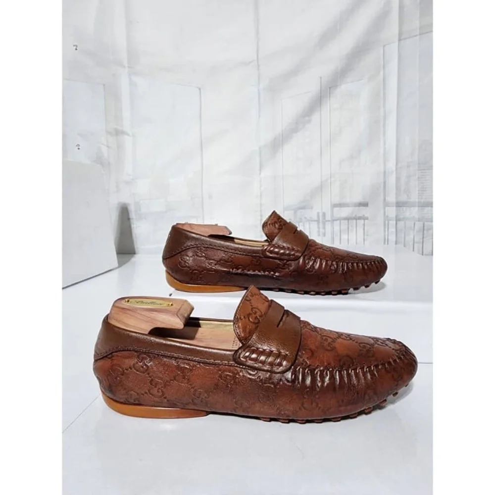 Authentic Gucci Cognac Leather Upper Geometric Loafers Brown Size 5.5 - Picture 12 of 16